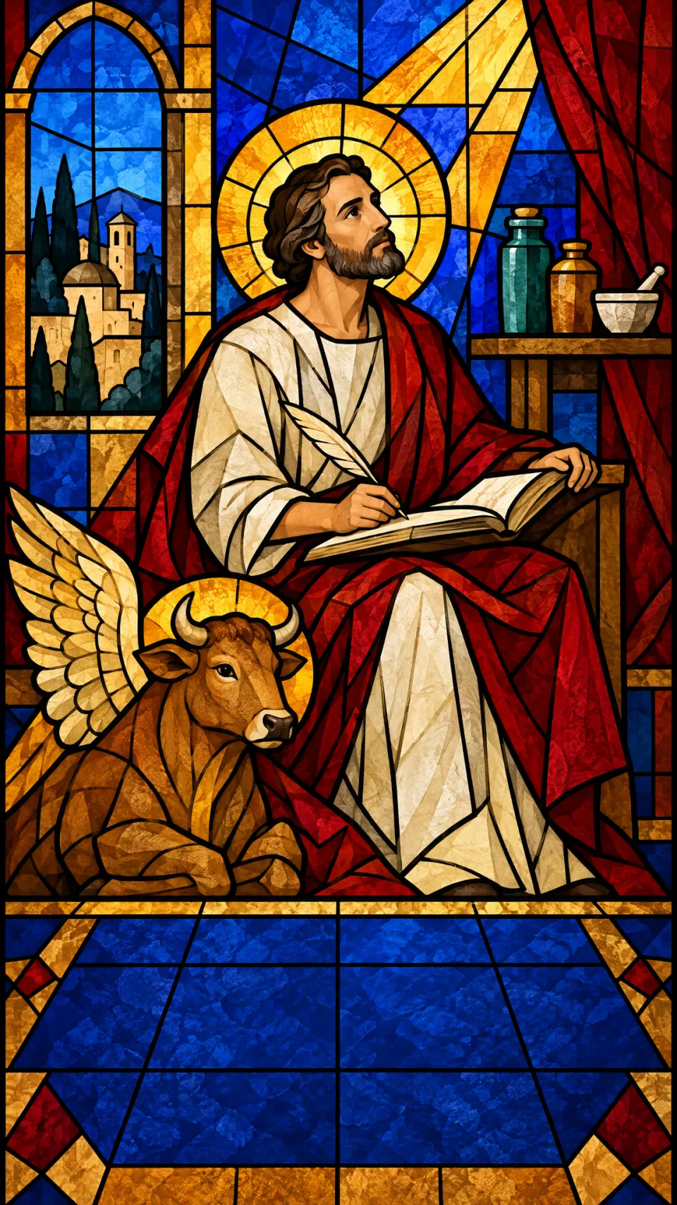 Scène de la vie de Saint Luc l'évangéliste, en vitrail